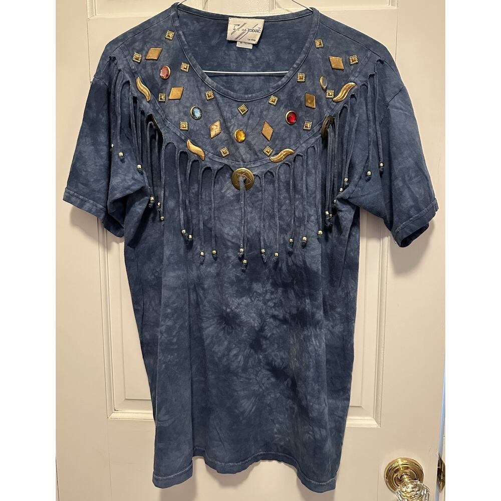 Vintage Club Zodiac Embellished Fringe Top Tie Dye Studded Boho Festival Tee